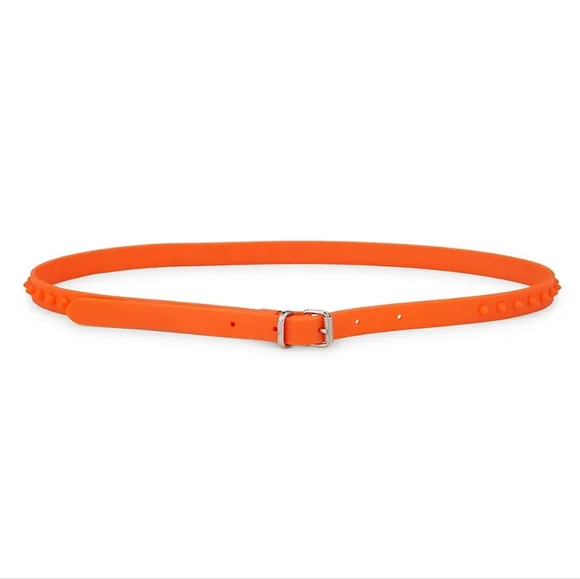 NEW Christian Louboutin $290 Loubispikes Fluorescent Orange Rubber Belt 34/85 New Christian Louboutin Spikoo Neon Fluo Orange Perle PVC  main image 2